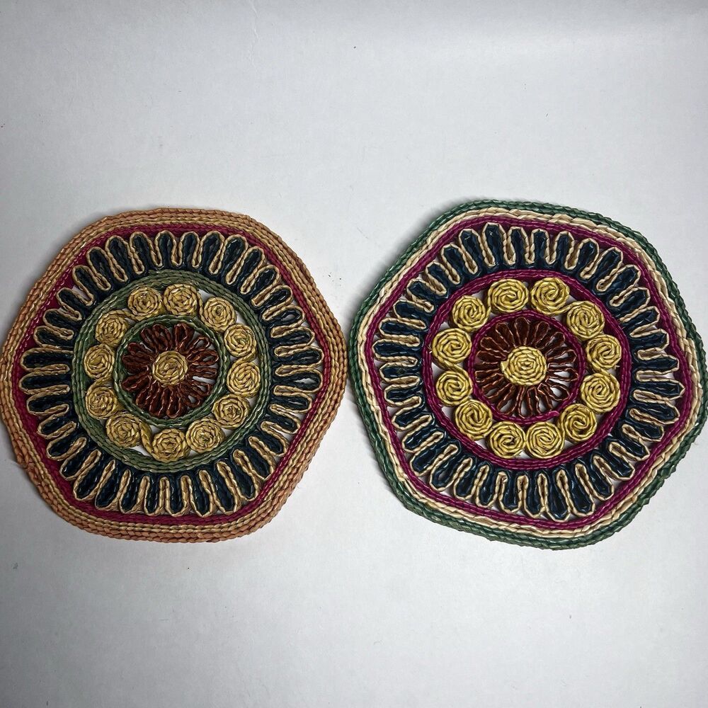 Vintage 70s Boho Woven Trivets Hot Pads Lot 2 Bright Colorful Retro Wall Decor